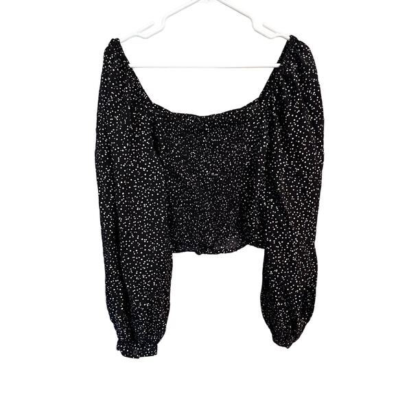 A New Day Boho Black White Balloon Sleeve Blouse Ruched Crop Top Size Medium - Picture 6 of 12